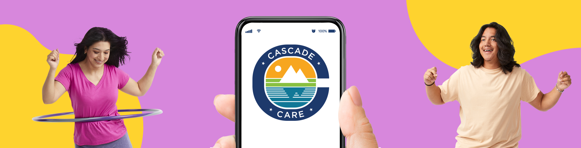 A woman hula hooping, a smart phone with the Cascade Care logo and a man dancing on a yellow and pink background.