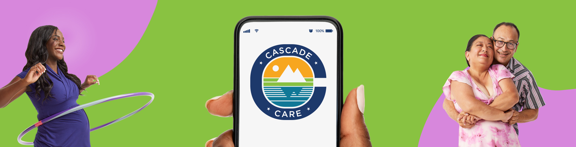 Una mujer haciendo hula hoop, un teléfono inteligente con el logotipo de Cascade Care y una pareja sonriente sobre un fondo verde y lavanda.