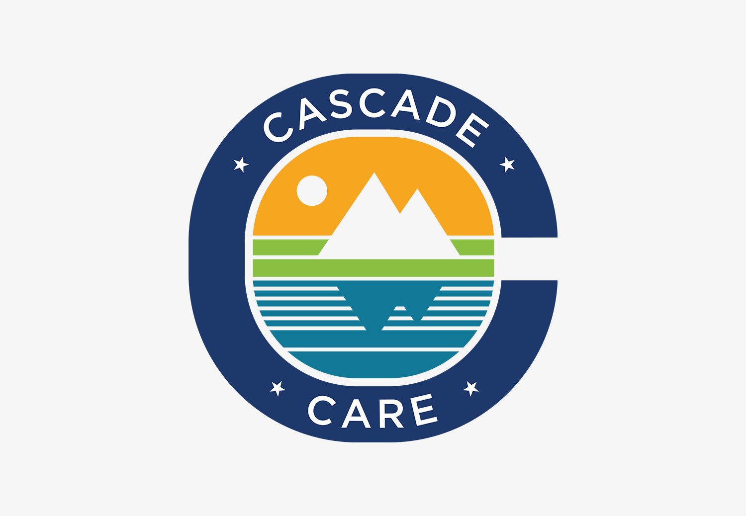 El logotipo de Cascade Care. Una letra C azul encierra la imagen de una montaña.